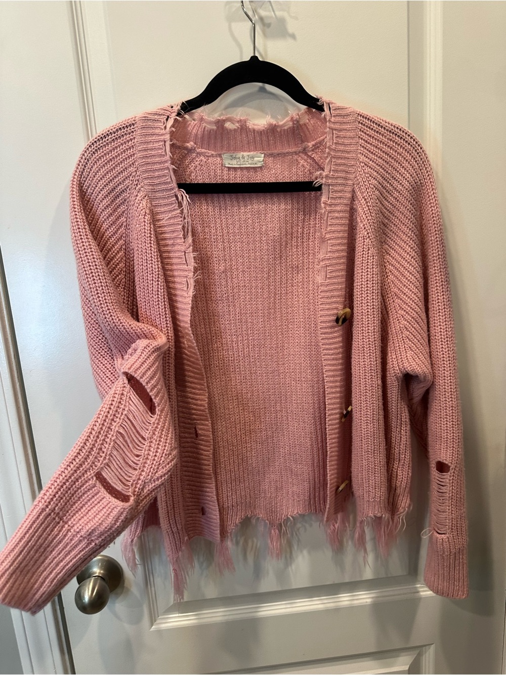 Blush Pink Distressed Open-Front Cardigan Sweater